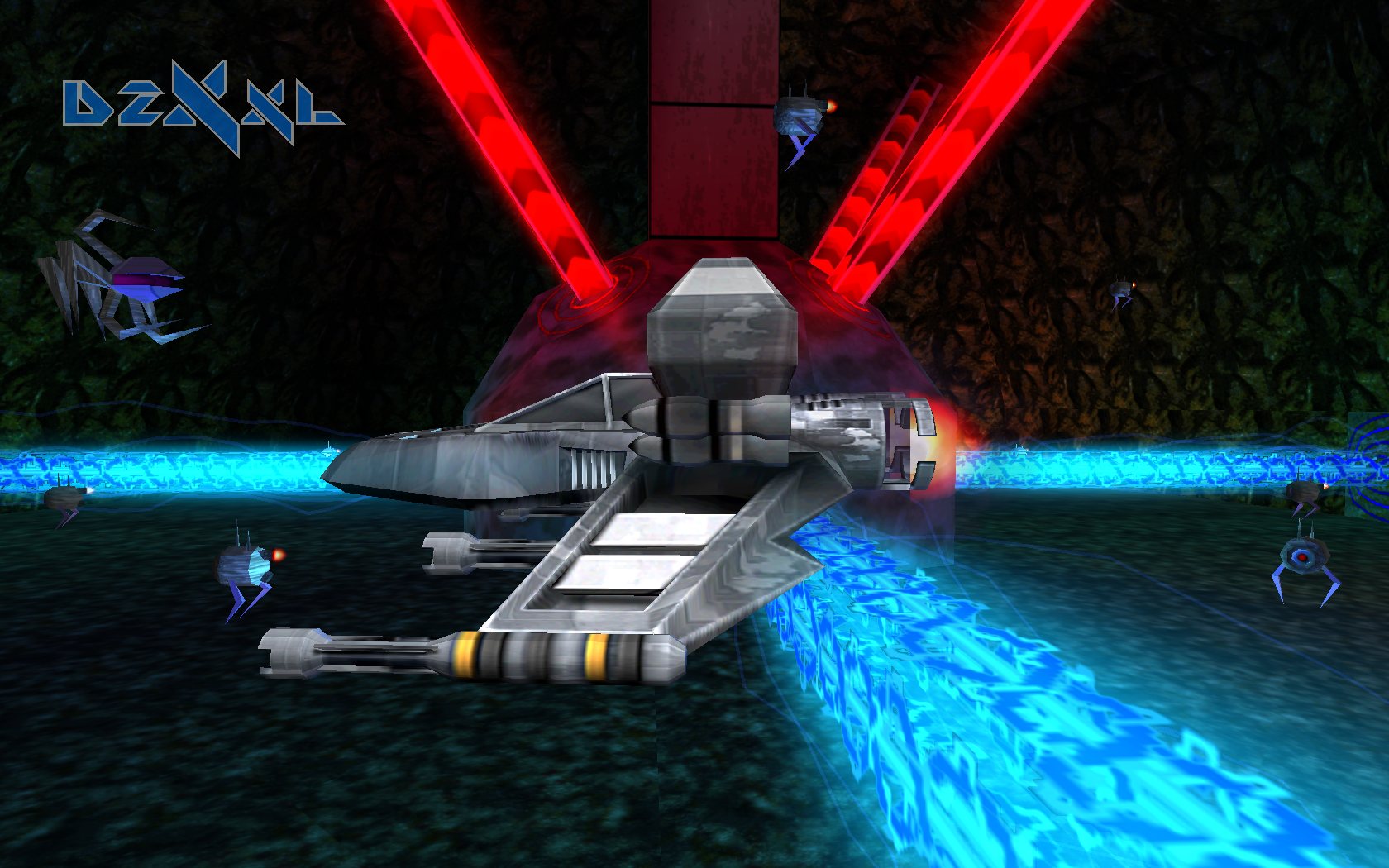 The player ship sits in front of a huge sphere with energy conduits
